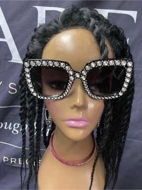 Embellished Black Rhinestone Sunglasses -  Oversized Glam Shades